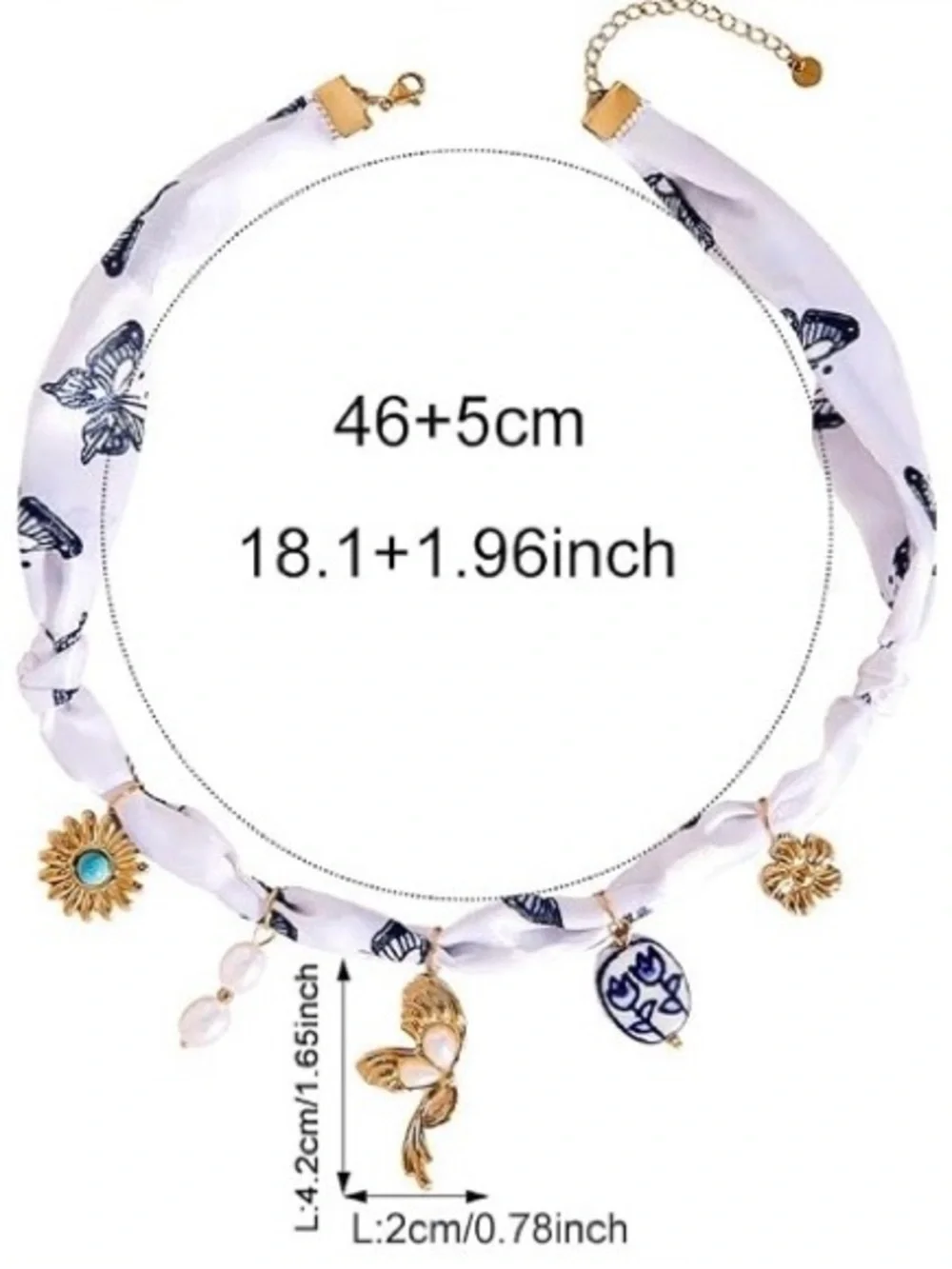 New Anthropologie White Scarf Necklace with Navy Butterfly Print & Gold Charms - Picture 5 of 5